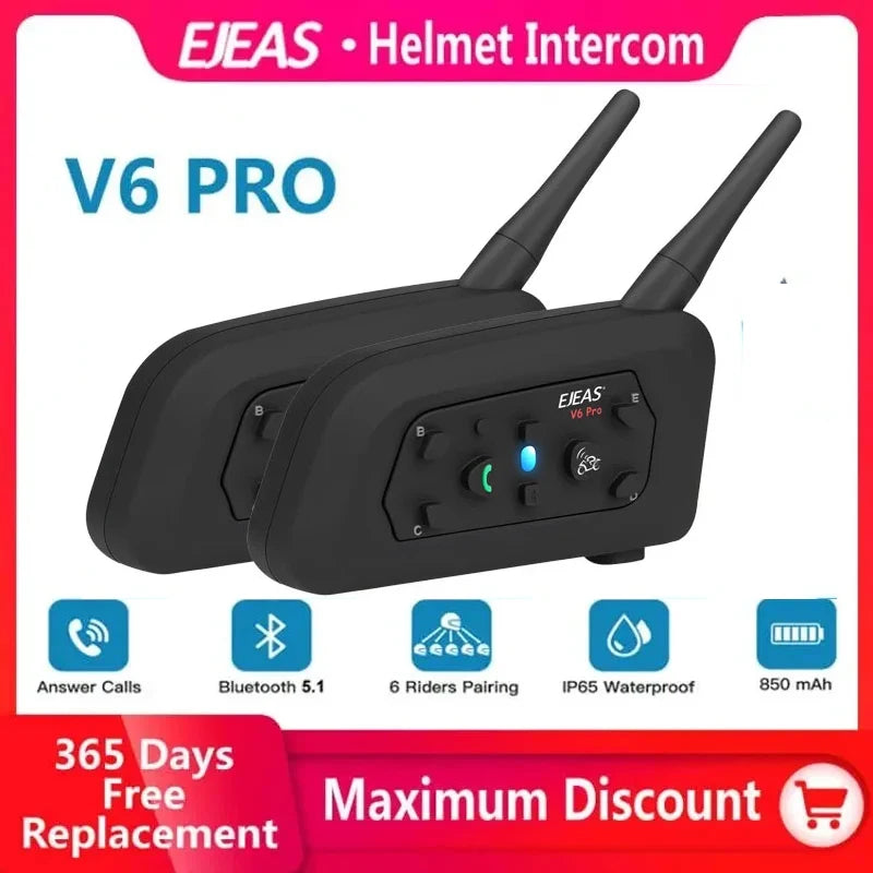 EJEAS 6 Pro Riders Motorcycle Bluetooth Helmet Headset Intercom 850mAh MOTO Communicator 1200m Interphone  for 6 Riders